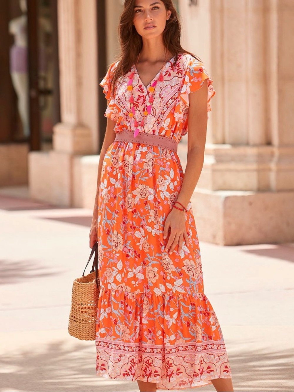 Floral V-Neck Orange Maxi Dress with Pink Trim